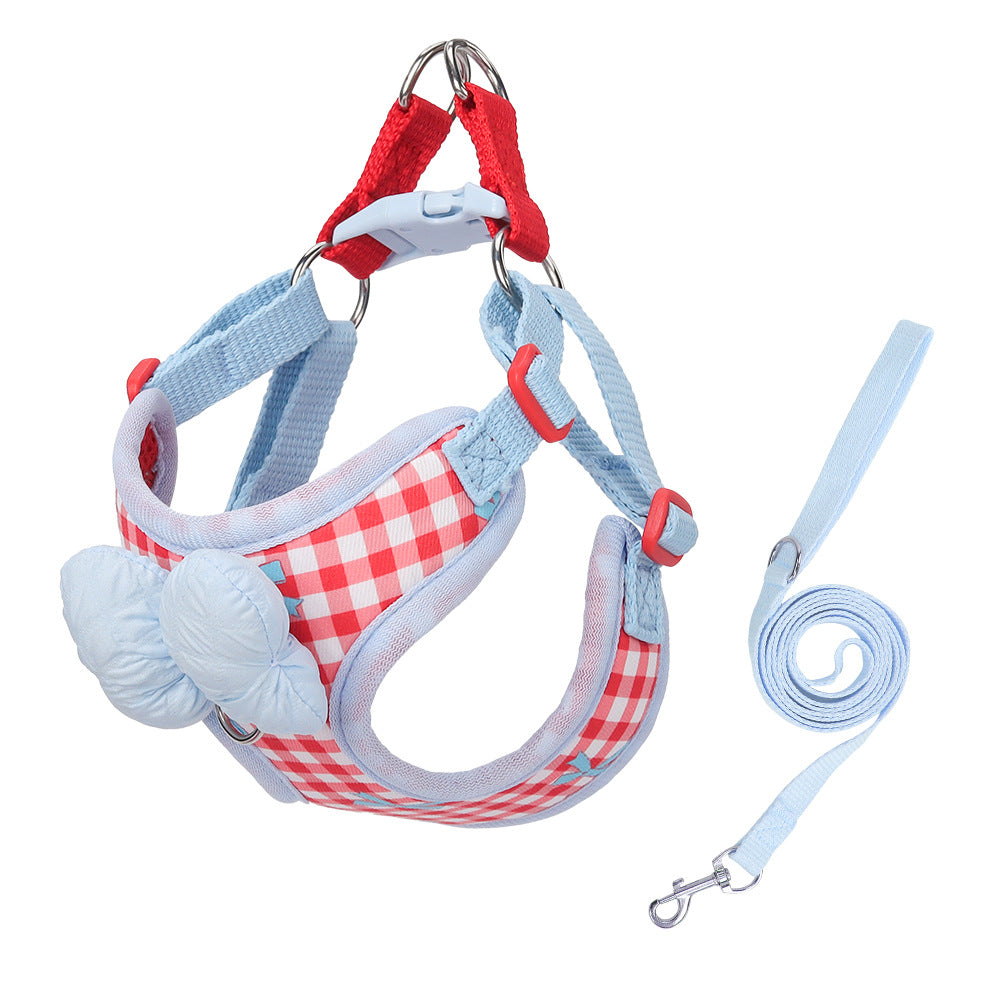 Korean Style Plaid Dog Harness with Bowknot – Adjustable Leash Set for Bichon & Teddy Dogs