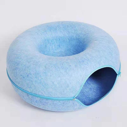 Cross-Border Felt Donut Cat Nest with Zipper Cat Tunnel | Double Function Cat Bed & Interactive Tunnel Toy