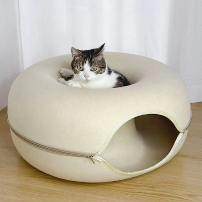Cross-Border Felt Donut Cat Nest with Zipper Cat Tunnel | Double Function Cat Bed & Interactive Tunnel Toy