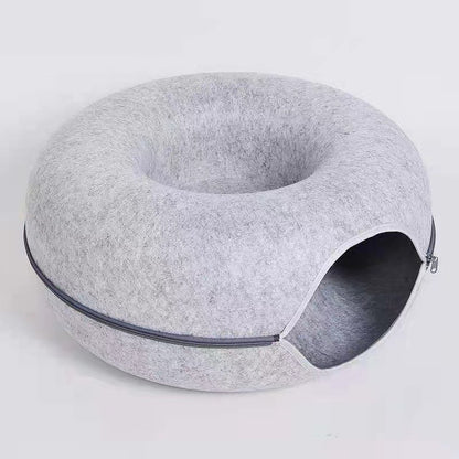 Cross-Border Felt Donut Cat Nest with Zipper Cat Tunnel | Double Function Cat Bed & Interactive Tunnel Toy