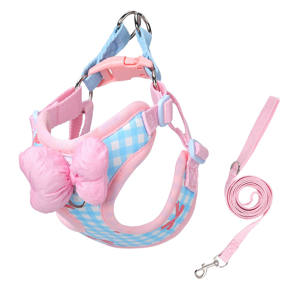 Korean Style Plaid Dog Harness with Bowknot – Adjustable Leash Set for Bichon & Teddy Dogs