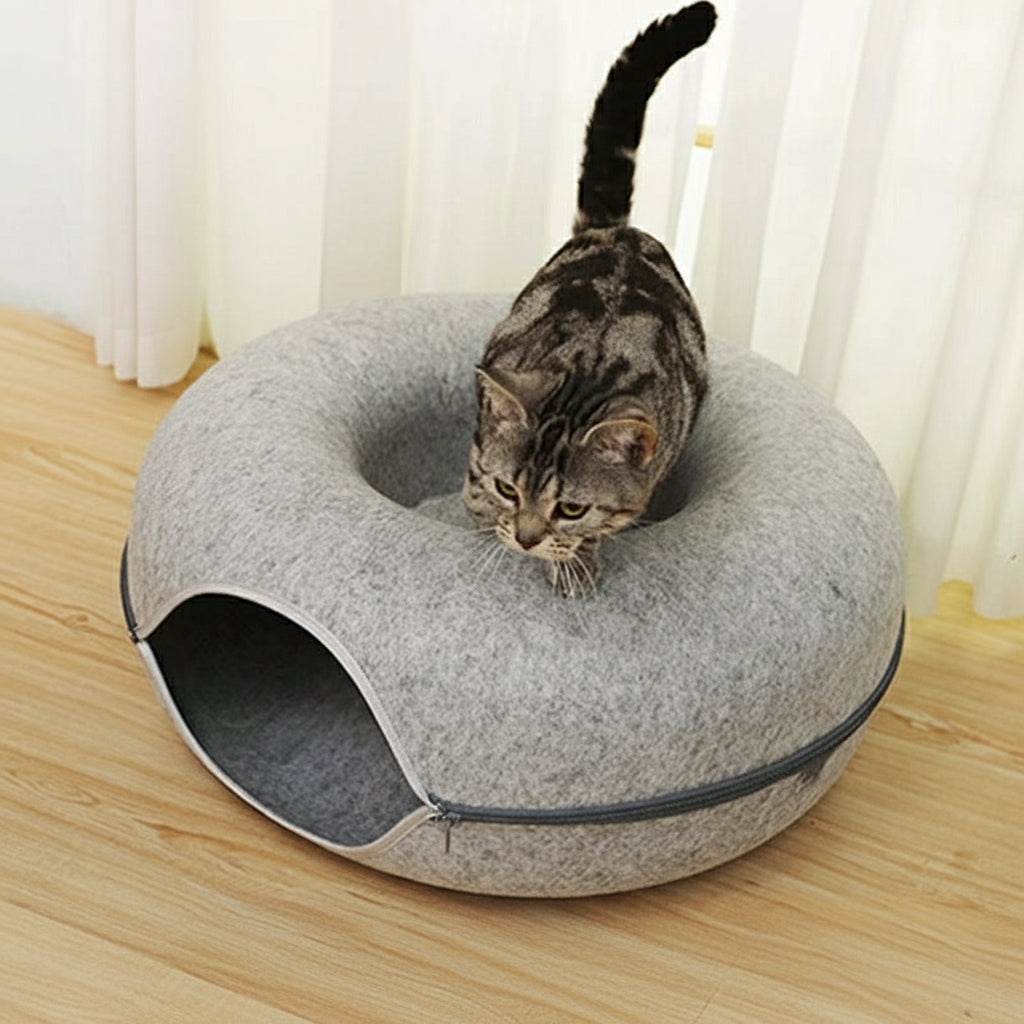 Cross-Border Felt Donut Cat Nest with Zipper Cat Tunnel | Double Function Cat Bed & Interactive Tunnel Toy