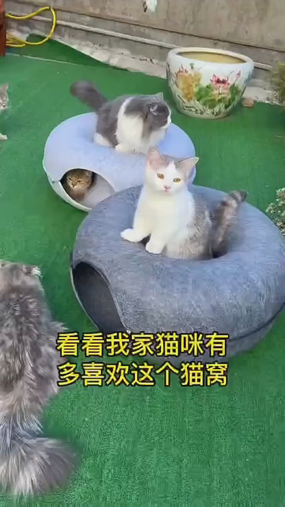 Cross-Border Felt Donut Cat Nest with Zipper Cat Tunnel | Double Function Cat Bed & Interactive Tunnel Toy